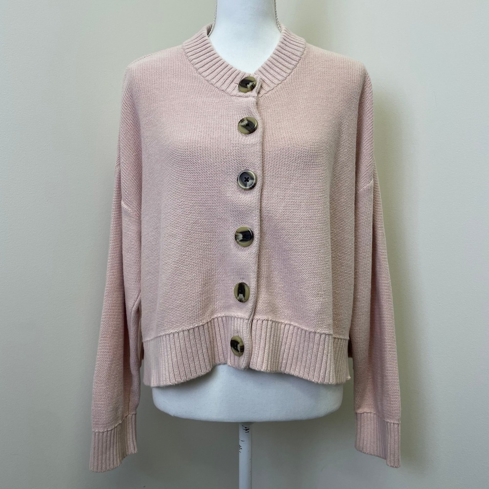 Quince Organic Cotton Cardigan Sweater Blush Pink Large Button Front Ribbed Knit
